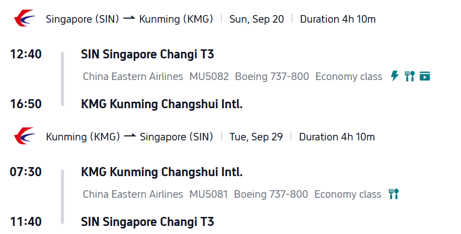 Suggested Flights Singapore to Kunming