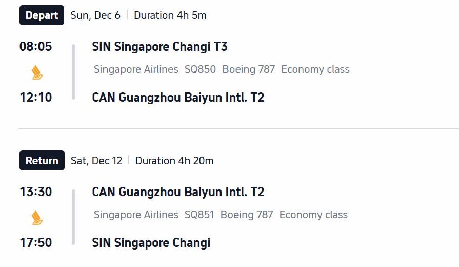 Recommended Singapore Airlines flights between Singapore and Guangzhou